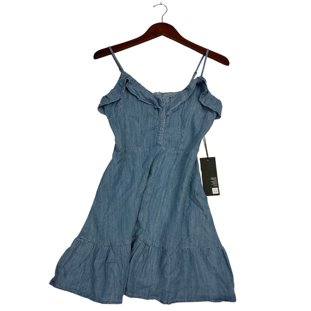 LIRA Womens Chambray Dress Size S Blue Ruffle Spaghetti Strap Fit Flare Mini NWT